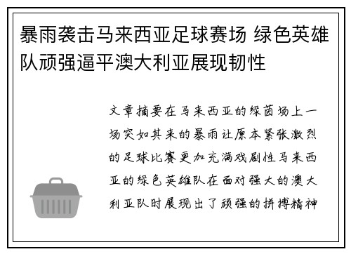 暴雨袭击马来西亚足球赛场 绿色英雄队顽强逼平澳大利亚展现韧性