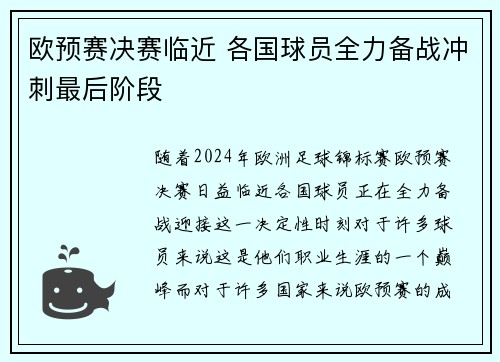 欧预赛决赛临近 各国球员全力备战冲刺最后阶段