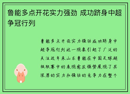 鲁能多点开花实力强劲 成功跻身中超争冠行列